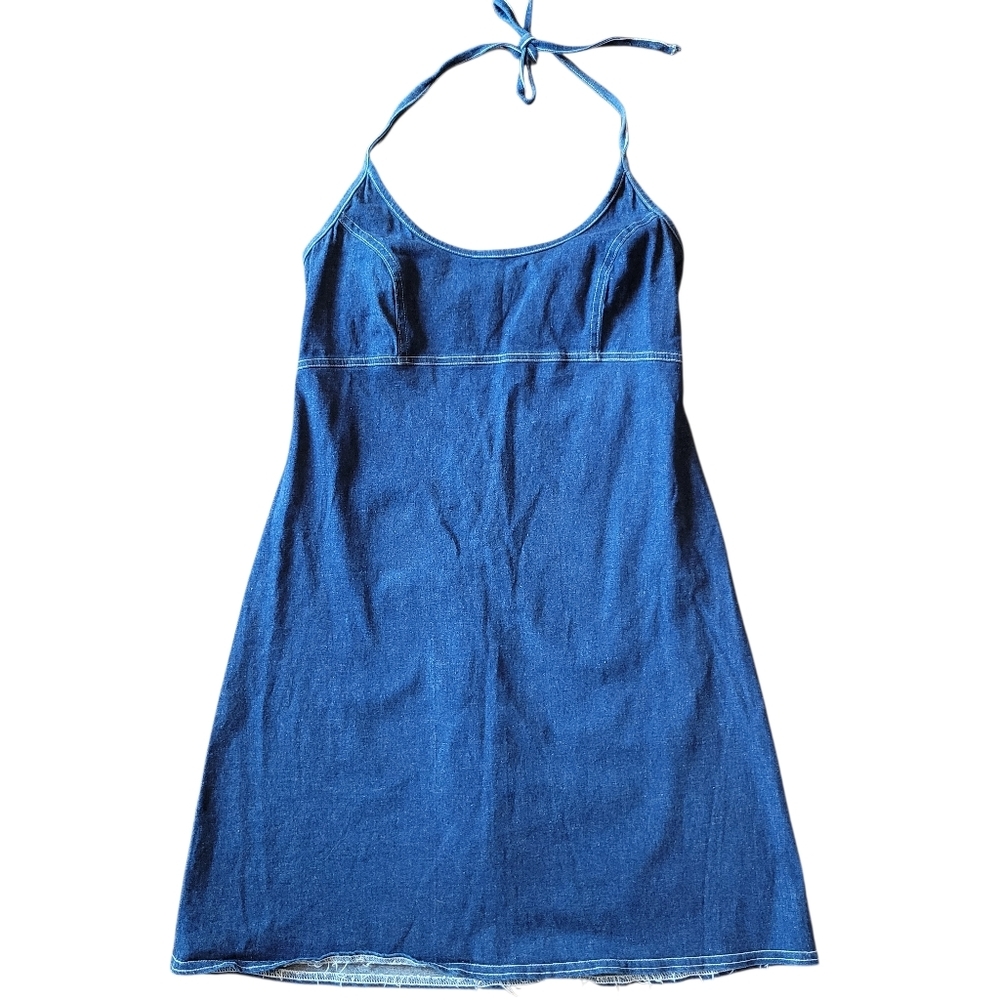90s G.A.S. Blue Stretch Denim Halter Mini Dress